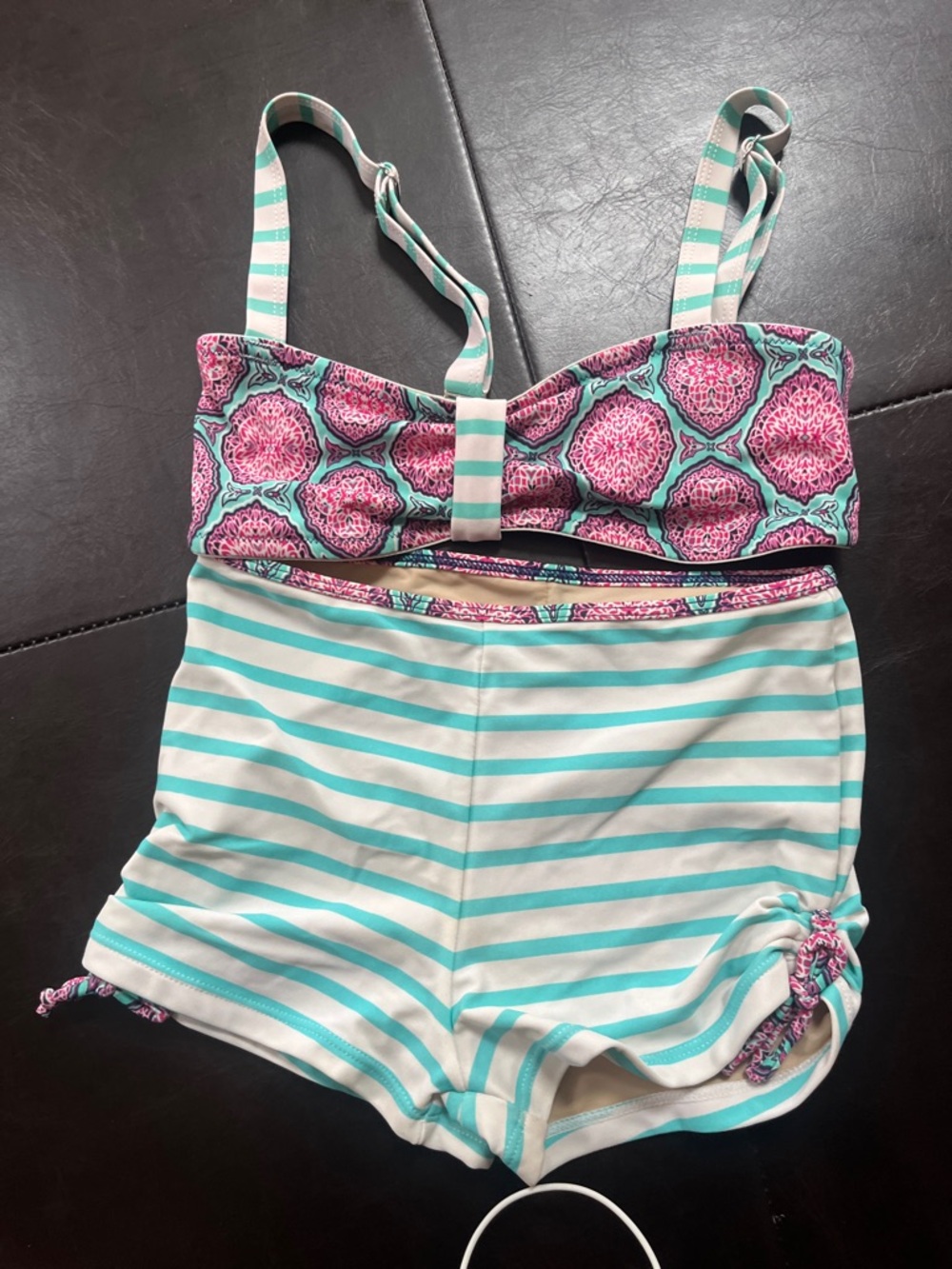 Cabana Life Girls Aqua Stripe & Pink Medallion Two-Piece Swim Set